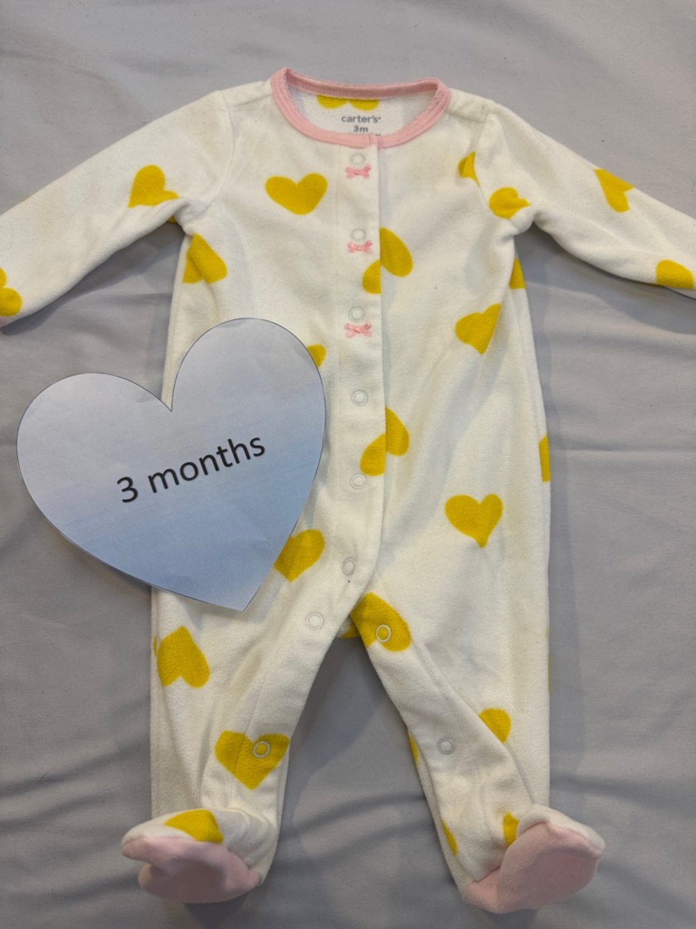 Carter's - Pink Trim Fleece Onesie Sleeper with Yellow Heart and bow accents